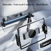 A silver adjustable tablet holder with dual hooks is mounted on a white car headrest.