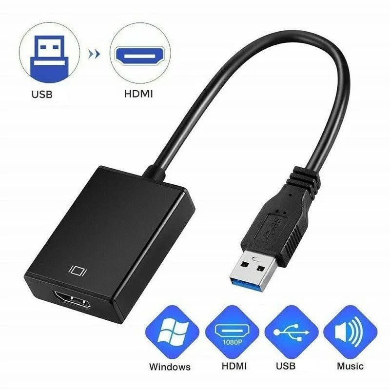 Black adapter cable with USB and HDMI connectors shown next to icons for Windows, HDMI, USB, and Music.