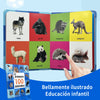 Buntes illustriertes Kinderbuch mit Tieren wie Wolf, Gorilla und Känguru zur Bildung.