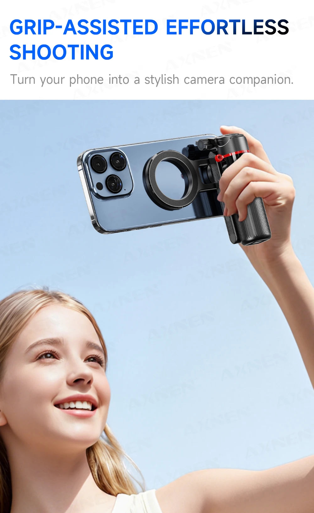 A hand holds a phone attached to a magnetic grip for effortless shooting, with a smiling woman in the background.