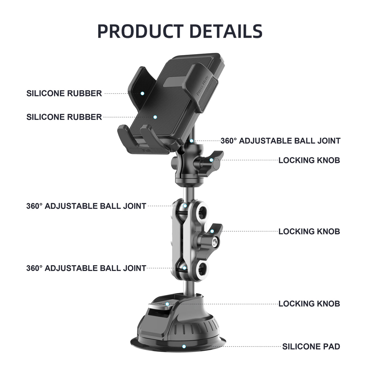 A black universal suction car phone mount with an articulating arm and ball joints.