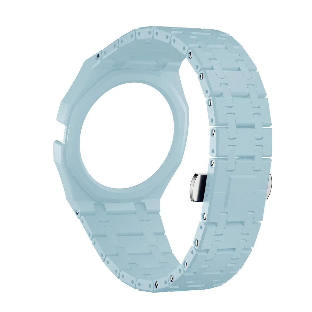 Light blue ceramic watch case and strap set for a Swatch X AP Royal POP watch.