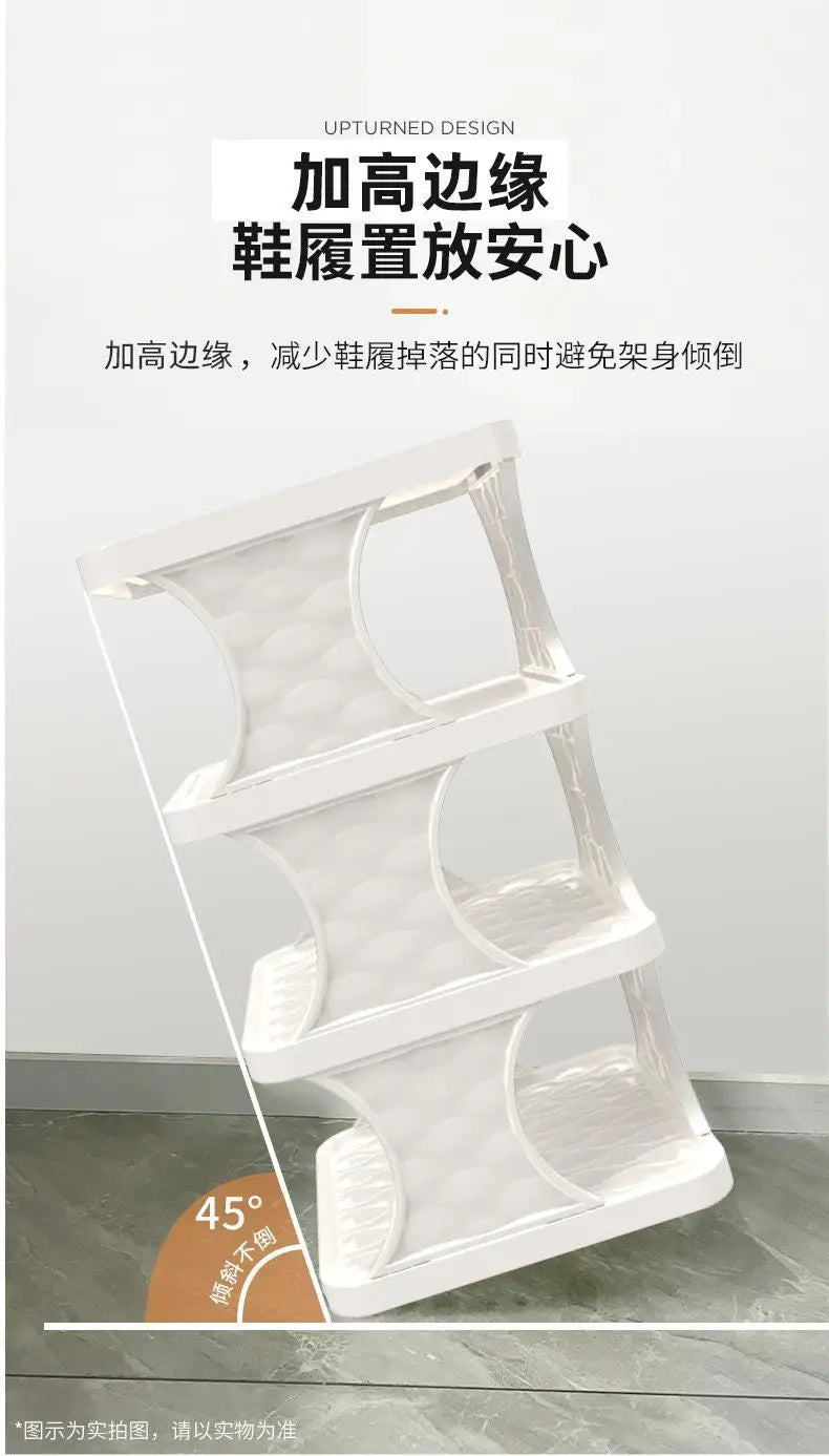 A white plastic shoe rack designed to reduce shoe damage during hanging.