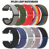 A variety of nylon loop watchbands in various colors and patterns are displayed for sale.