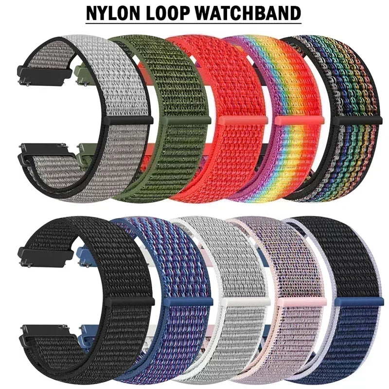 A variety of nylon loop watchbands in various colors and patterns are displayed for sale.