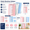 A set of reusable sliding chore charts and habit trackers in pink, white, and blue for daily routine organization.