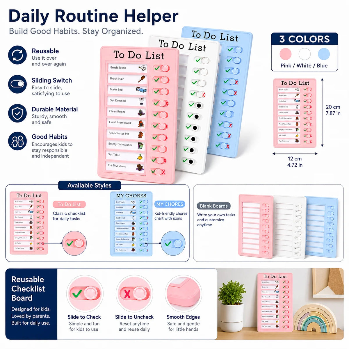 A set of reusable sliding chore charts and habit trackers in pink, white, and blue for daily routine organization.