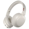 A pair of white foldable Bluetooth headphones with a padded ear cup and headband.