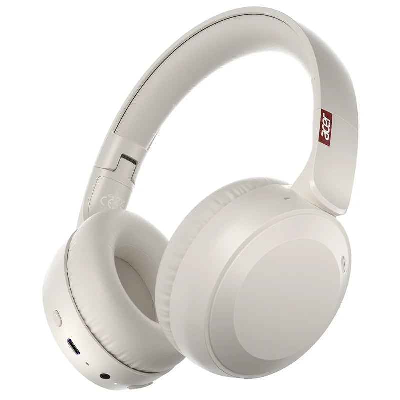A pair of white foldable Bluetooth headphones with a padded ear cup and headband.