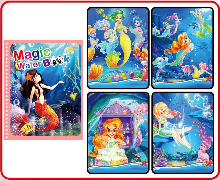 A set of four illustrations featuring magical water themes and characters for a drawing and coloring notebook.