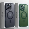 A side-by-side view of a black and a green magnetic wireless charging lens protector case for an iPhone.