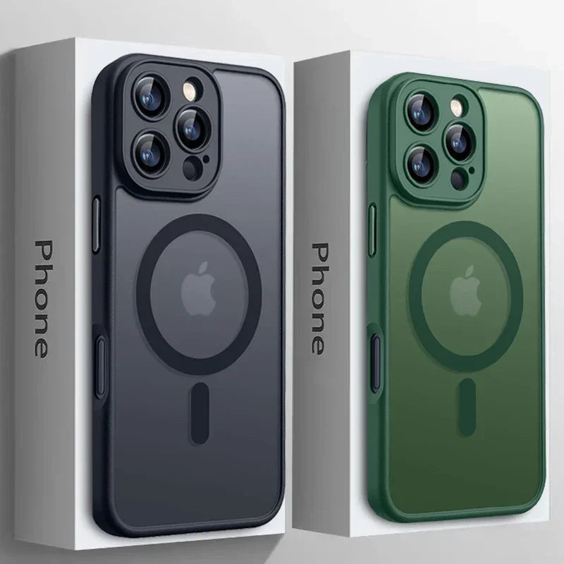 A side-by-side view of a black and a green magnetic wireless charging lens protector case for an iPhone.