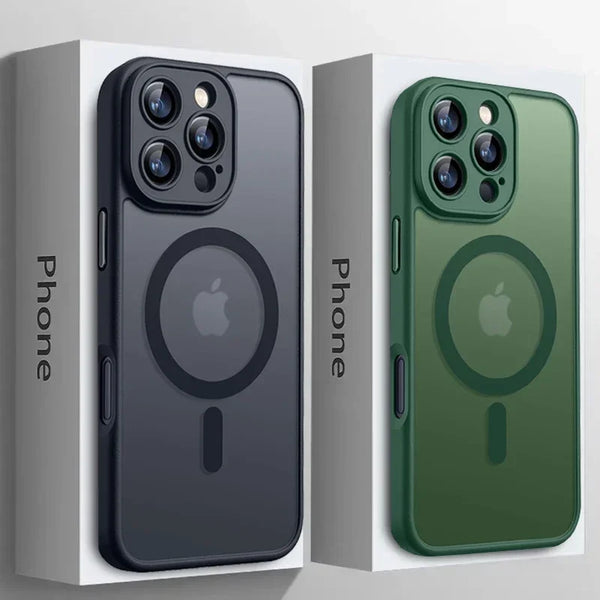 A side-by-side view of a black and a green magnetic wireless charging lens protector case for an iPhone.