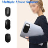 A woman is holding a slim stick-on mouse holder for a laptop, demonstrating multiple mouse support options.