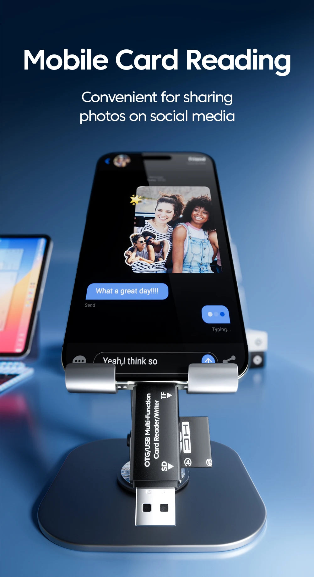 A mobile card reading adapter connects a USB-C card reader to a smartphone for sharing photos on social media.