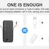 A black power bank is shown next to separate Type-C, iOS, and charging adapter cables.