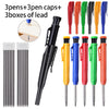 A set of three black pens, three caps, and three boxes of lead pencils.