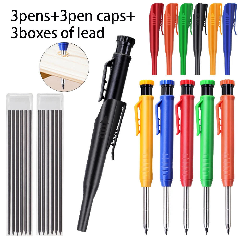 A set of three black pens, three caps, and three boxes of lead pencils.