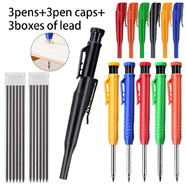A set of three black pens, three caps, and three boxes of lead pencils.