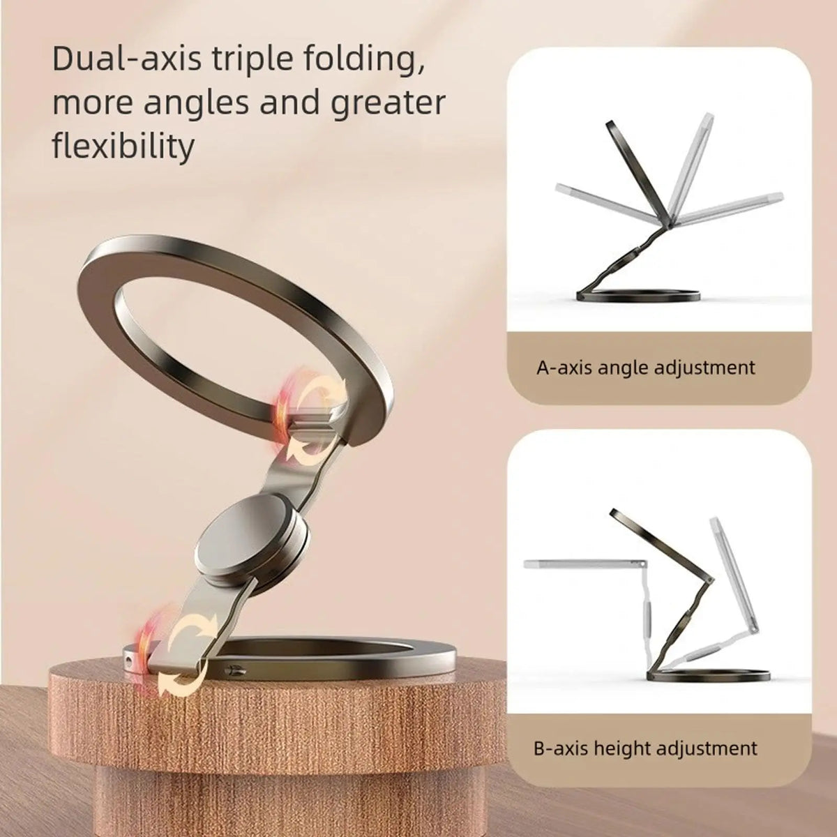 A dual-axis folding magnetic phone stand with adjustable angles and height.
