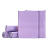 A stack of matte purple self-adhesive mailing bags in various sizes.