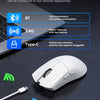 A white Attack Shark X11 tri-mode wireless gaming mouse is shown with a diagram illustrating BT, 2.4G, and Type-C connections