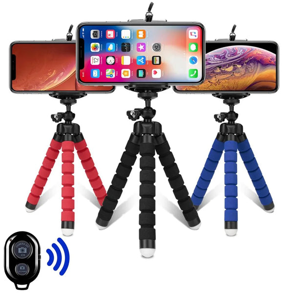 A flexible mini tripod with phone clips is shown supporting three smartphones and a camera.