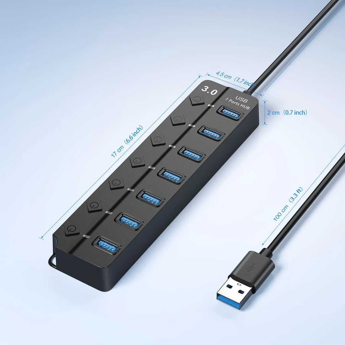 A black 7-port USB 3.0 hub extender with a long cable is shown against a light blue background.