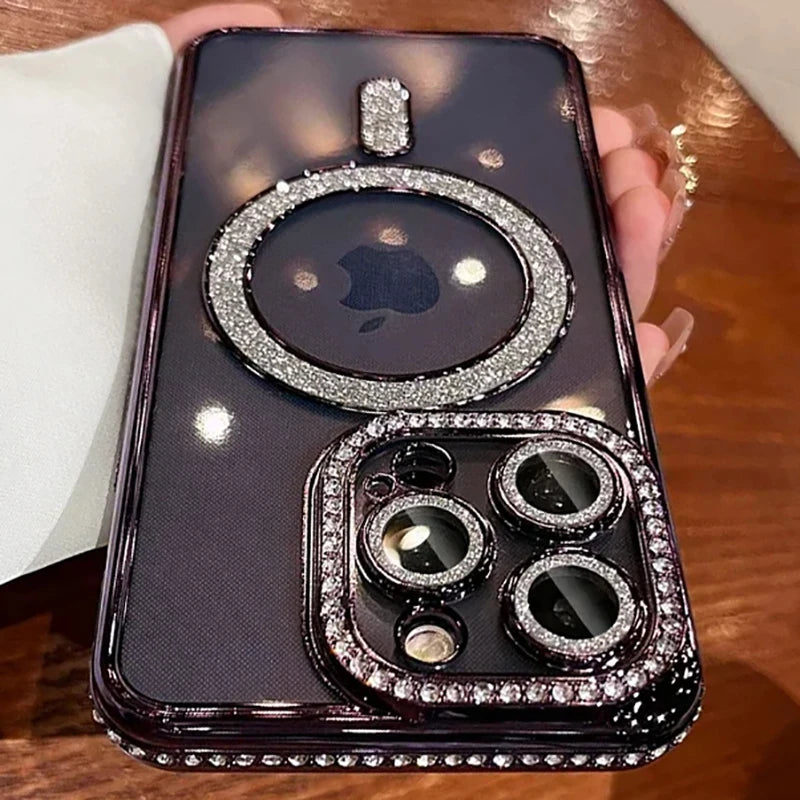 A dark purple glitter diamond magnetic wireless phone case featuring a silver Apple logo and decorative round elements.