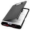 A dark gray A4 waterproof file box with a writing board and pen slot open to display documents.
