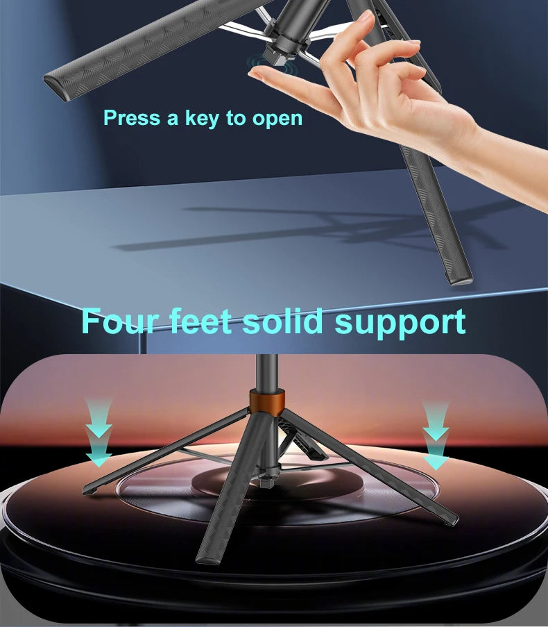 A hand is pressing a key to open an AI face tracking smartphone tripod with four feet solid support.