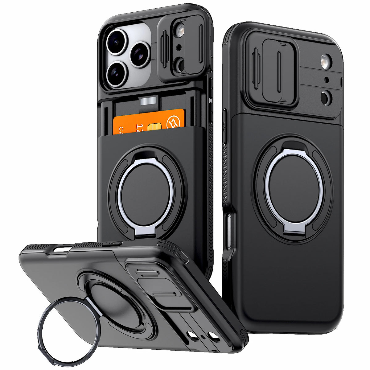 Schwarzes Premium iPhone-Wallet-Case mit Ständer in verschiedenen Winkeln