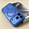 A blue transparent acrylic phone case with a circular cutout and three camera cutouts is shown next to its packaging.
