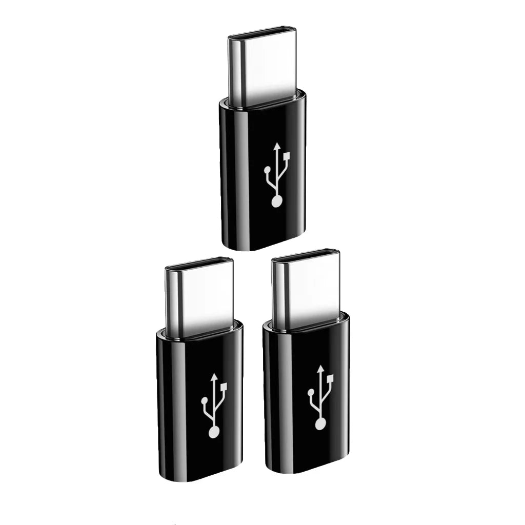 A black USB-C to Micro USB adapter for charging and data sync.