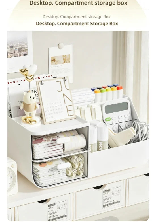 A white desktop compartment storage box with clear drawers holding various office supplies and stationery.