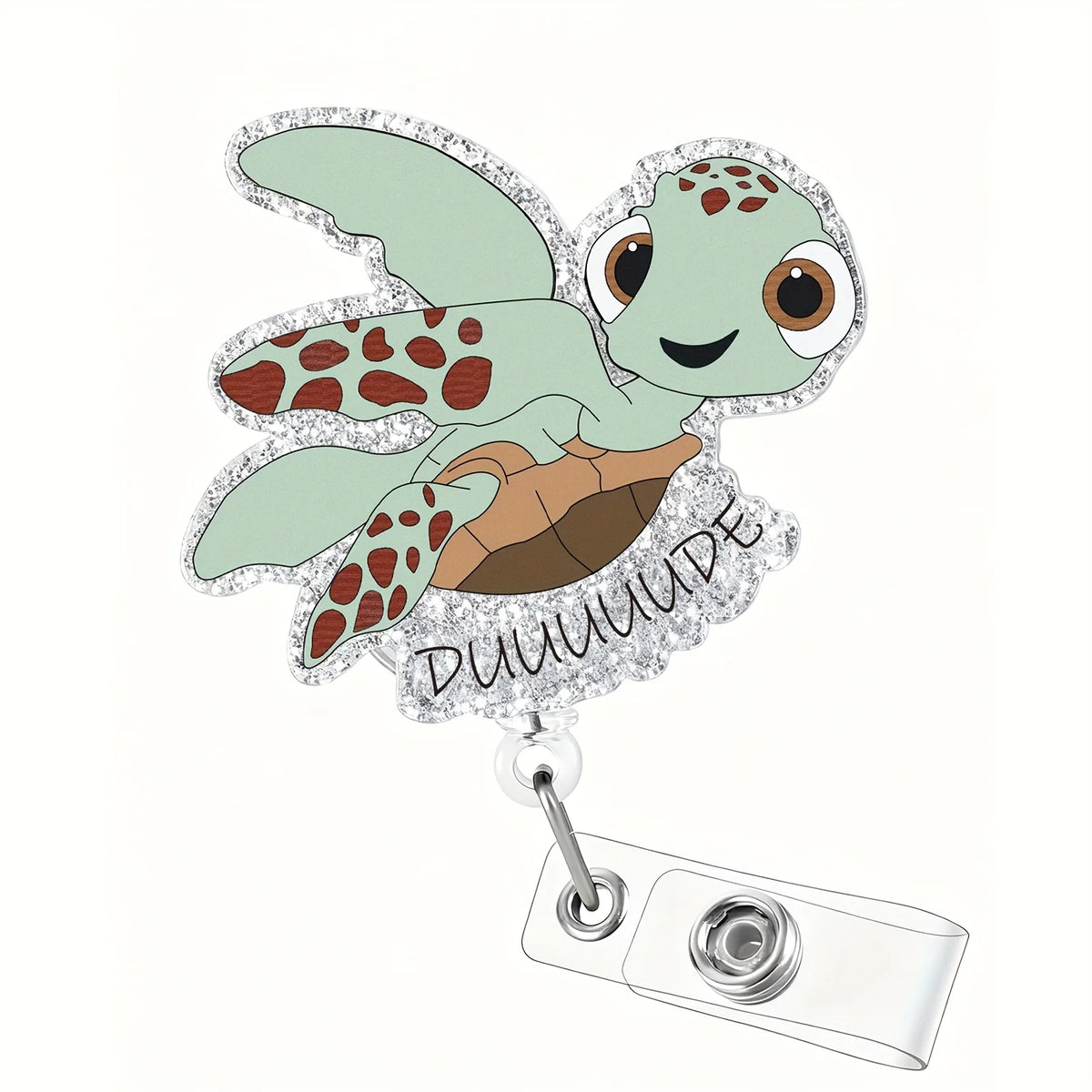 A sparkly charm featuring a cute green turtle with spotted wings and the text 'DUMNIUDE' on a badge reel.