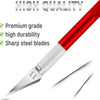 A close-up view of a red precision craft knife with silver blades and a steel ruler on white paper.