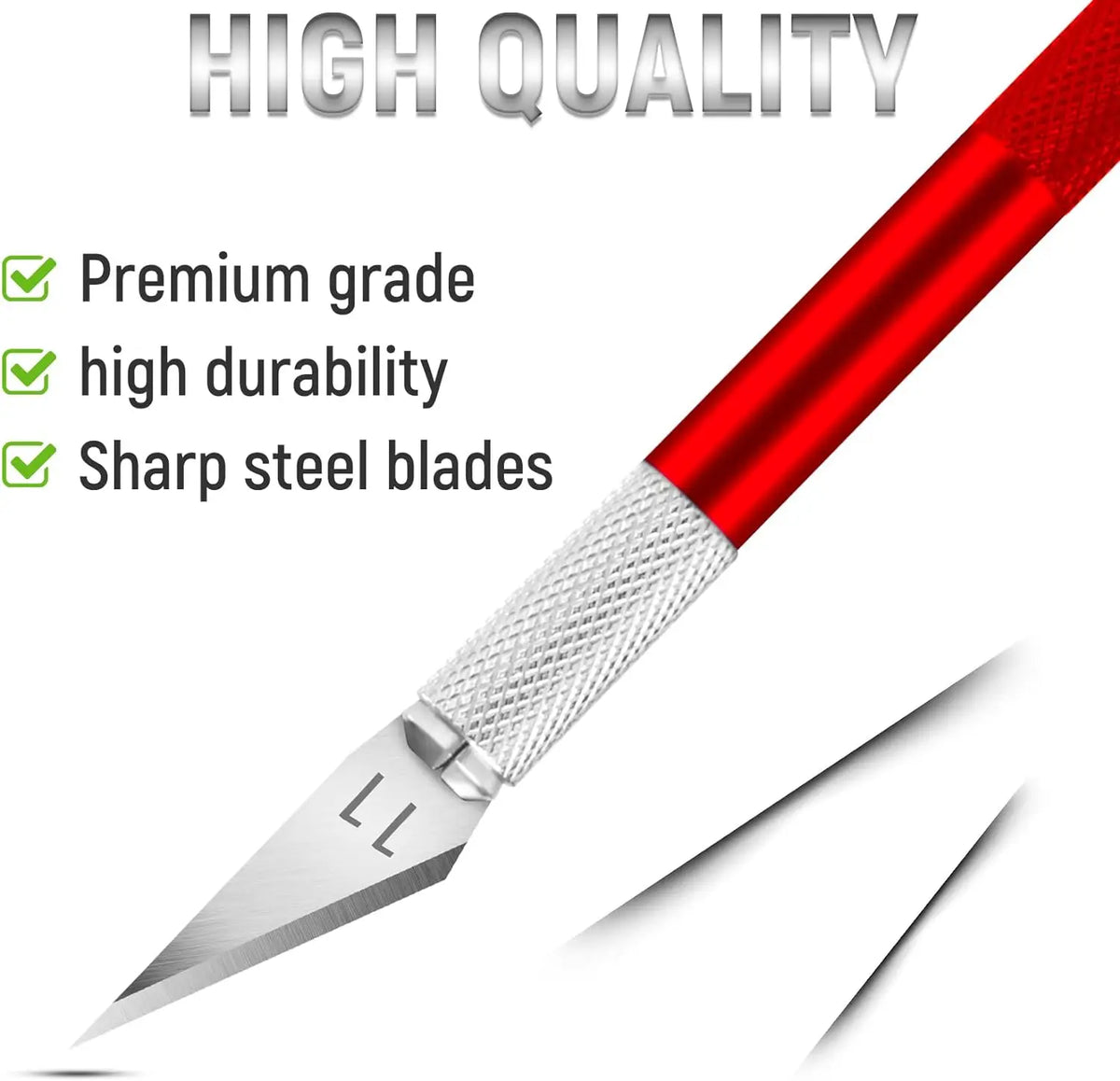 A close-up view of a red precision craft knife with silver blades and a steel ruler on white paper.