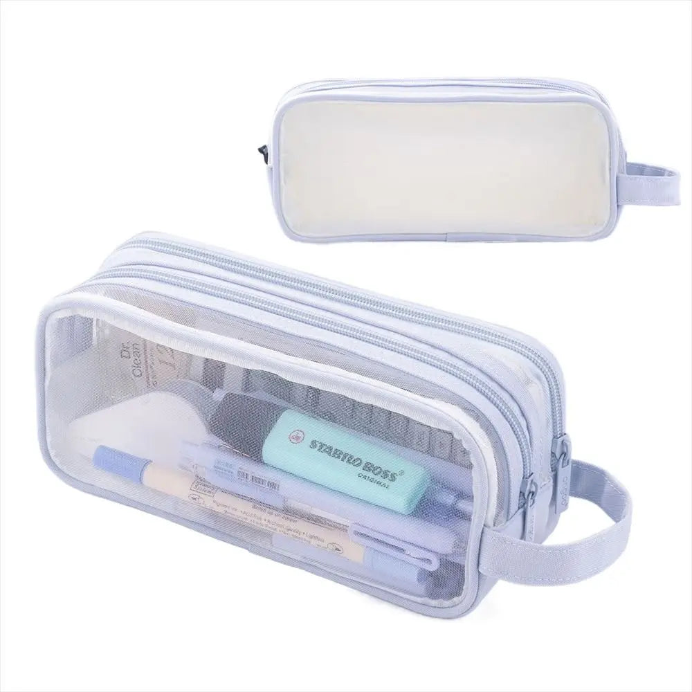 A light purple transparent large-capacity pencil case with a soft interior lining and a zipper closure.