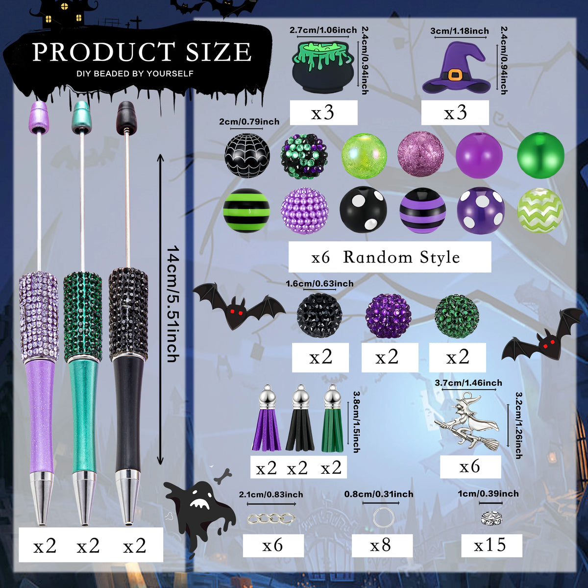 A collection of Halloween DIY bead pens featuring various charms, including witches, bats, and colorful beads.