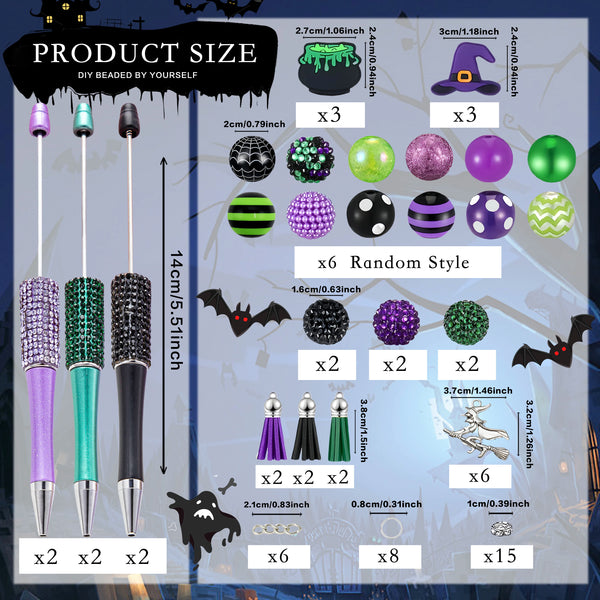A collection of Halloween DIY bead pens featuring various charms, including witches, bats, and colorful beads.