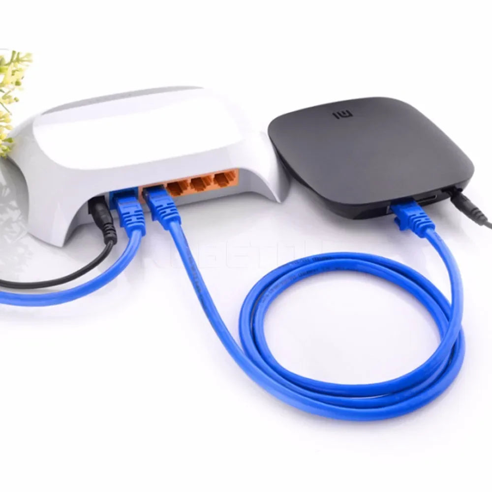 Cable Ethernet blanco y negro con conector plano, enrollado y conectado a un cable azul.