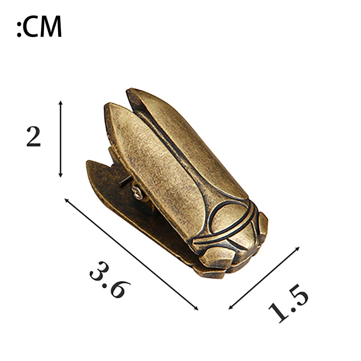 A brass metal beetle binder clip shown from the side with dimensions 2, 3.6, and 1.5.