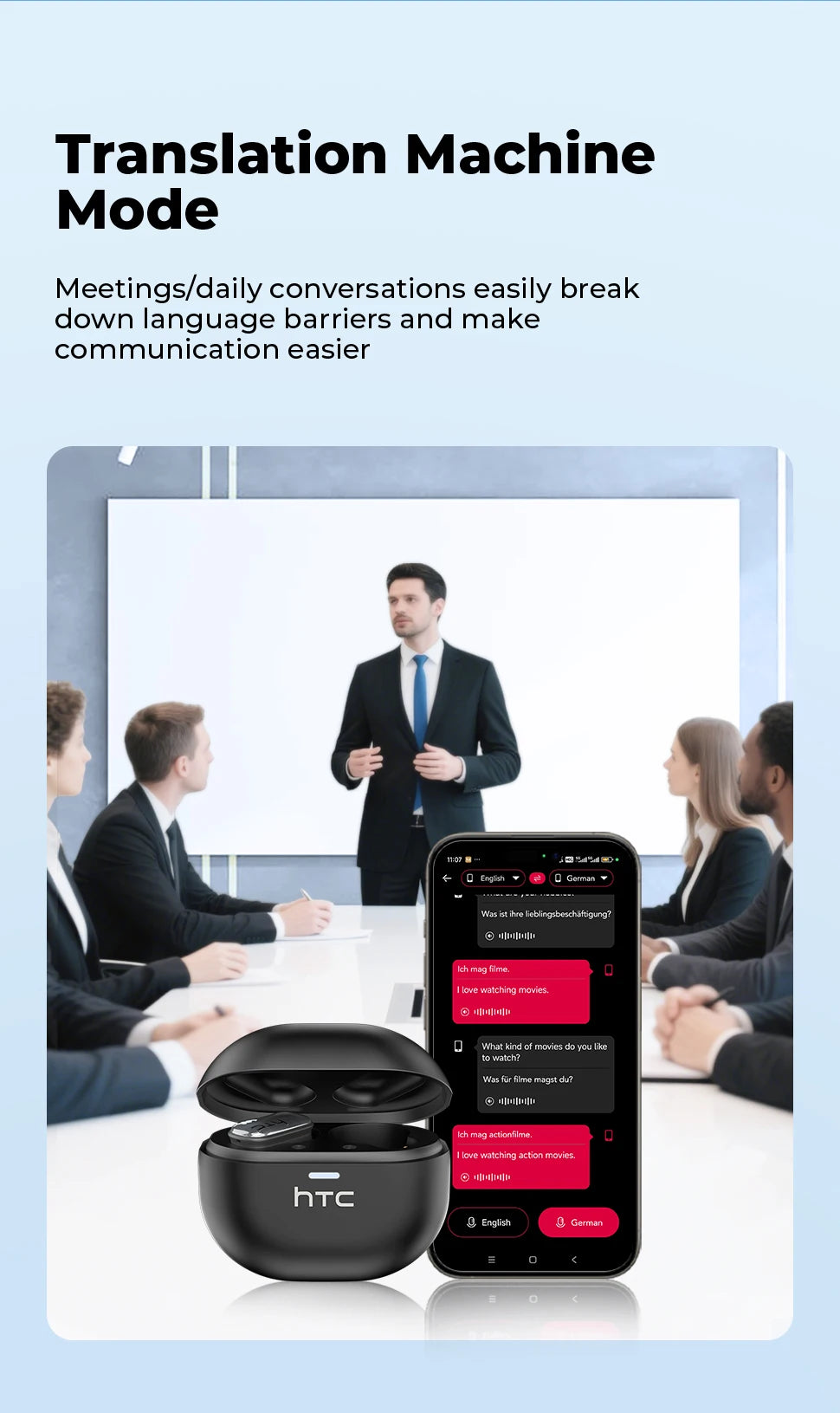 A pair of black HTC AI Translation Bluetooth Earbuds with microphone displayed on a white desk.