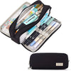 A black pencil pouch organizer filled with various pens and pencils, featuring a light-colored fabric lining.