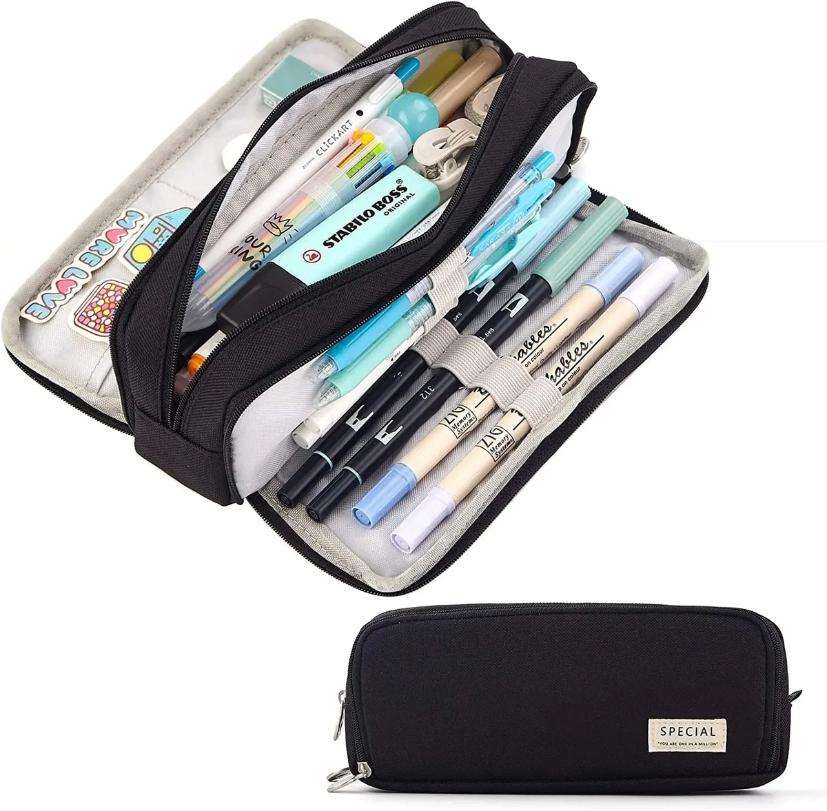 A black pencil pouch organizer filled with various pens and pencils, featuring a light-colored fabric lining.