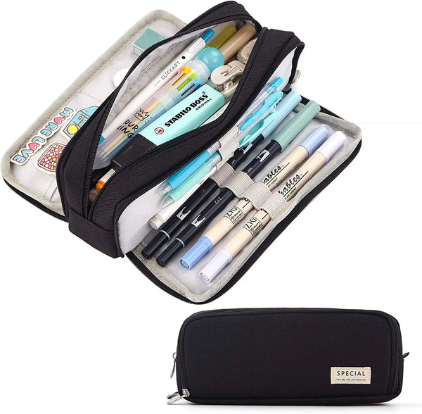 A black pencil pouch organizer filled with various pens and pencils, featuring a light-colored fabric lining.