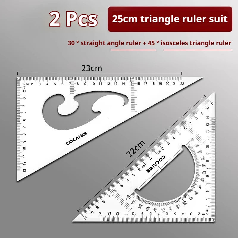 Two pieces of a 25cm triangle ruler suit including a 30 degree straight angle ruler and a 45 degree isosceles triangle ruler