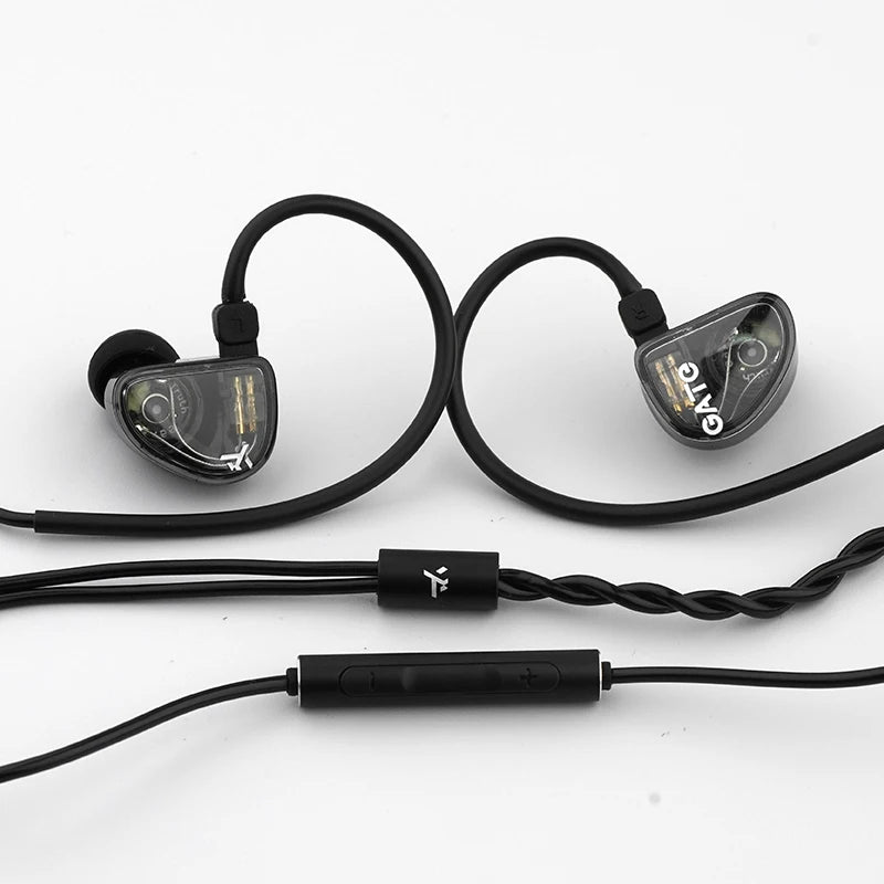 A set of high-fidelity wired in-ear headphones with black cables and earphone tips.