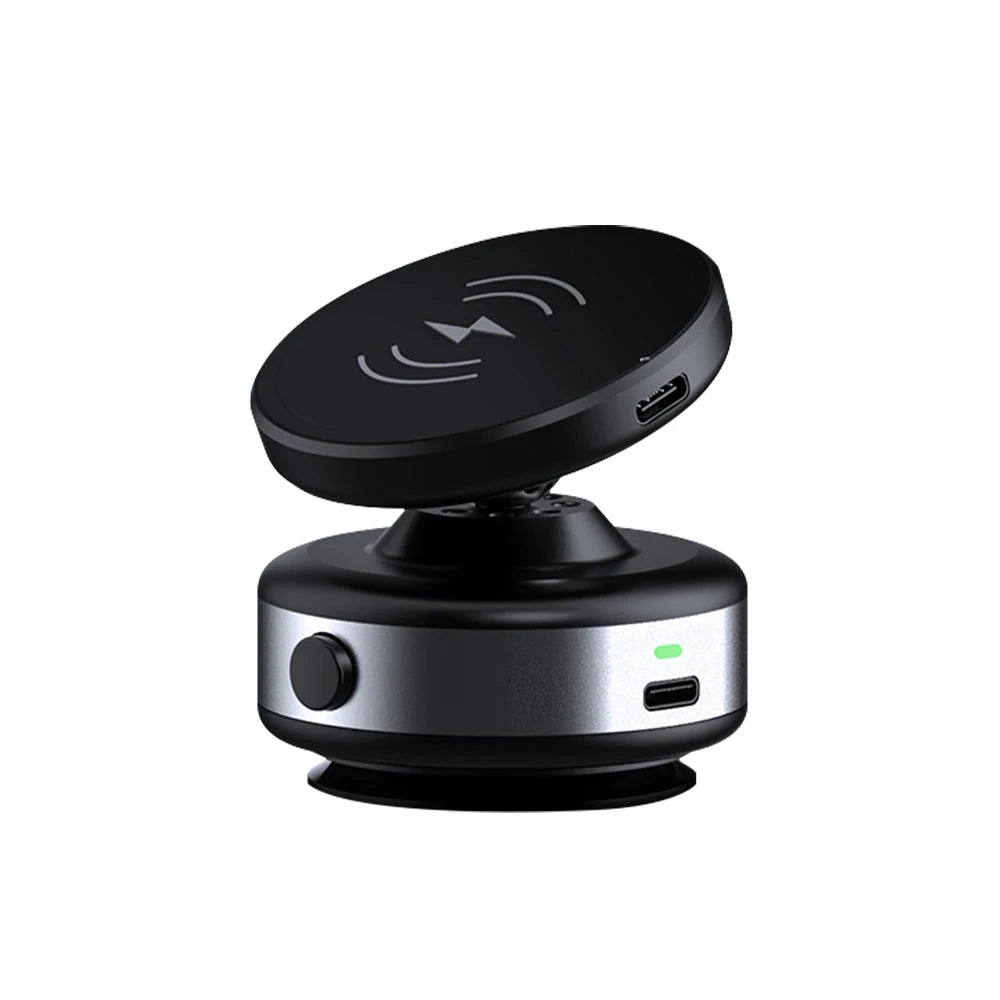 A black magnetic wireless car phone charger with a rotating base and an indicator light.